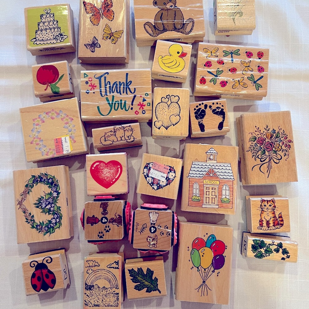 Set of 25 rubber stamps. Gently used and some new.